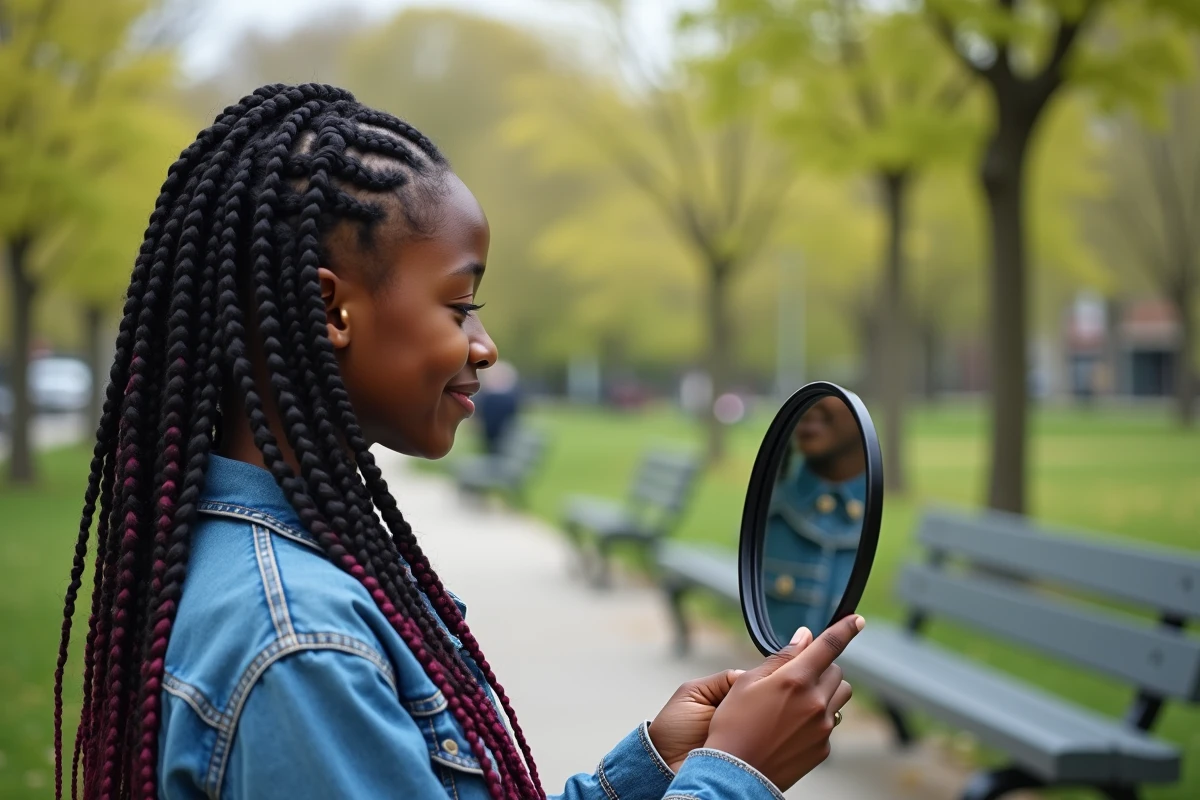 Adolescente noire souriante regardant ses braids colorés dans un miroir