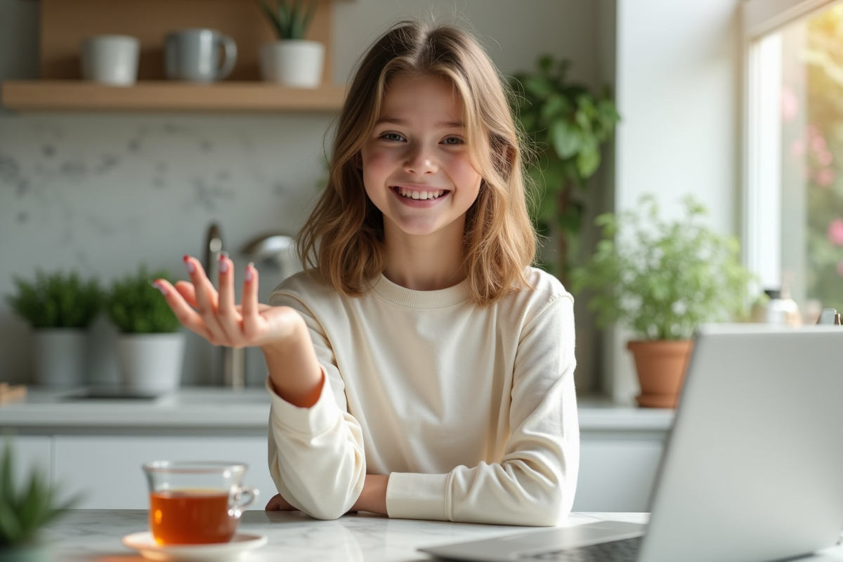 Jeune fille admirant ses ongles peints dans la cuisine lumineuse
