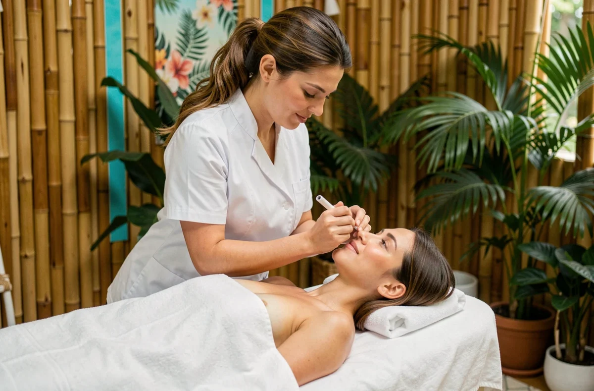 Esthéticienne réalisant un soin du visage à l'institut de beauté Aloha en Haute-Savoie