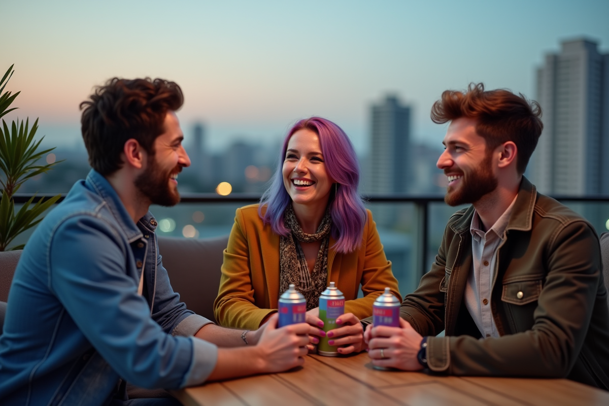 Trois amis discutent et rient avec sprays de couleur capillaire sur un toit