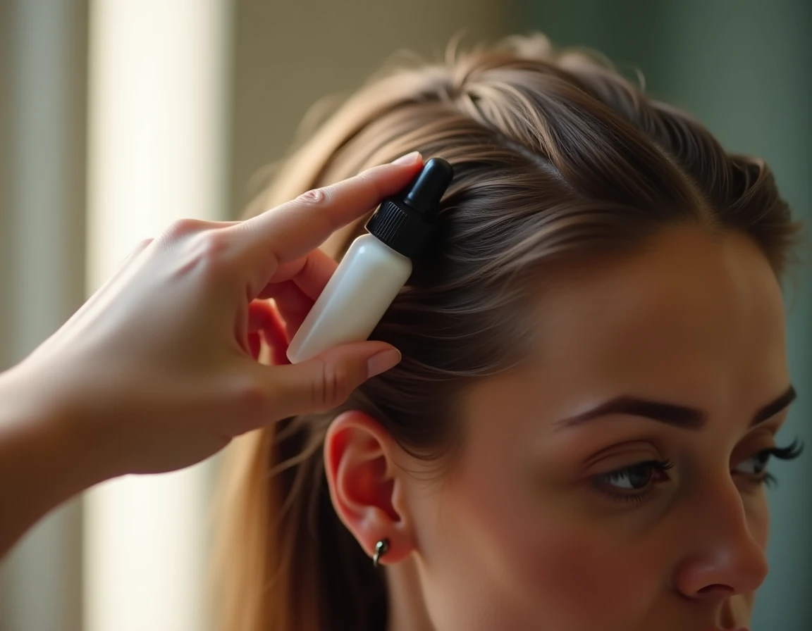 Application d'une lotion sur le cuir chevelu avec un flacon