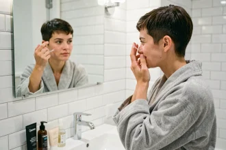 Jeune femme aux cheveux courts appliquant du gel en poudre dans une salle de bain moderne