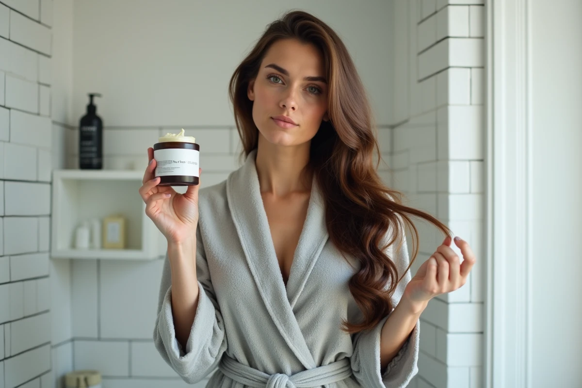 Femme appliquant le masque nourrissant Kevin Murphy sur ses cheveux dans une salle de bain minimaliste