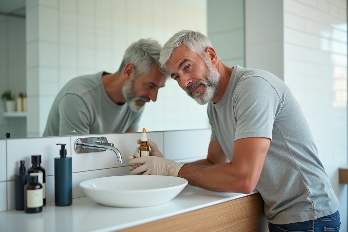 Homme aux cheveux blancs appliquant une teinture capillaire dans une salle de bain moderne avec des gants et des produits colorants