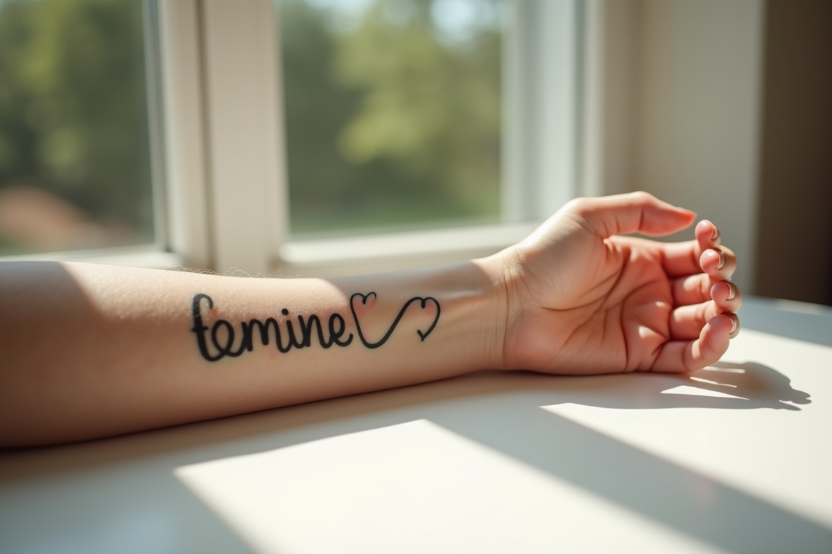 Poignet d'une femme avec tatouage coeur et nom manuscrit