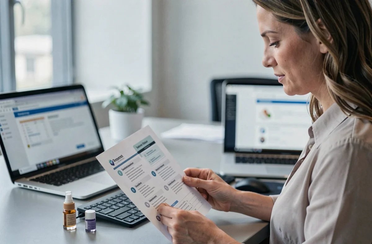 Salariée consultant une brochure d'avantages employés L'Oréal avec des échantillons de produits cosmétiques sur son bureau