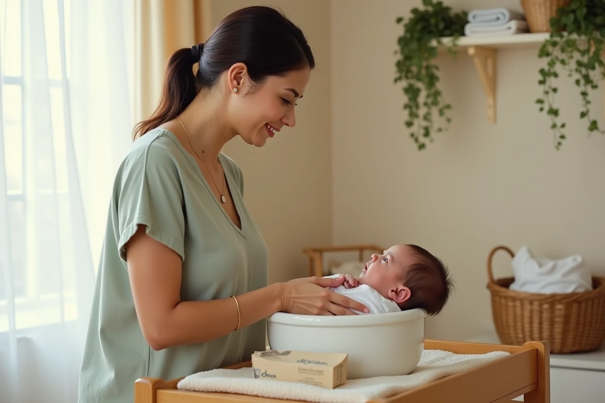Mère donnant le bain à son bébé avec du savon d'Alep naturel dans une chambre de bébé