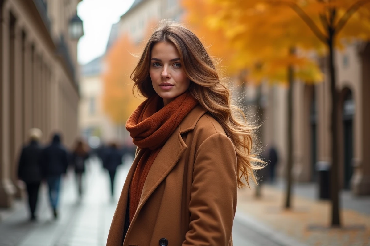 Femme avec balayage roux et mèches blondes dans une rue pavée en automne