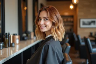 Femme aux cheveux balayage roux et mèches blondes assise dans un salon de coiffure moderne