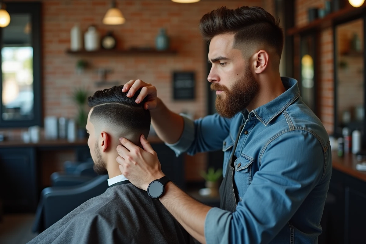 Barbier concentré vérifiant la ligne de nuque après la coupe