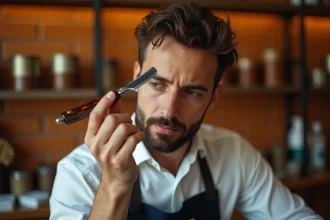 Barbier professionnel examinant un rasoir droit au design élaboré dans un salon de coiffure traditionnel