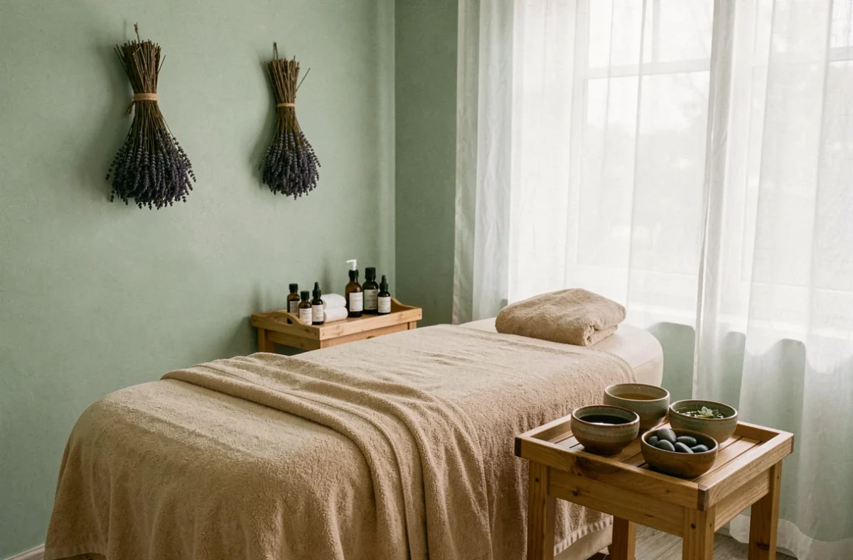 Salle de massage zen avec table de soin en coton bio et accessoires naturels en céramique