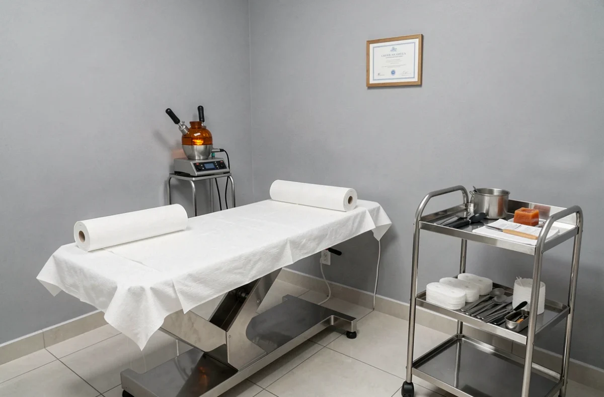 Cabine d'épilation professionnelle de Beauty Experts Pau Lescar avec table de soin, chauffe-cire et matériel d'épilation spécialisé