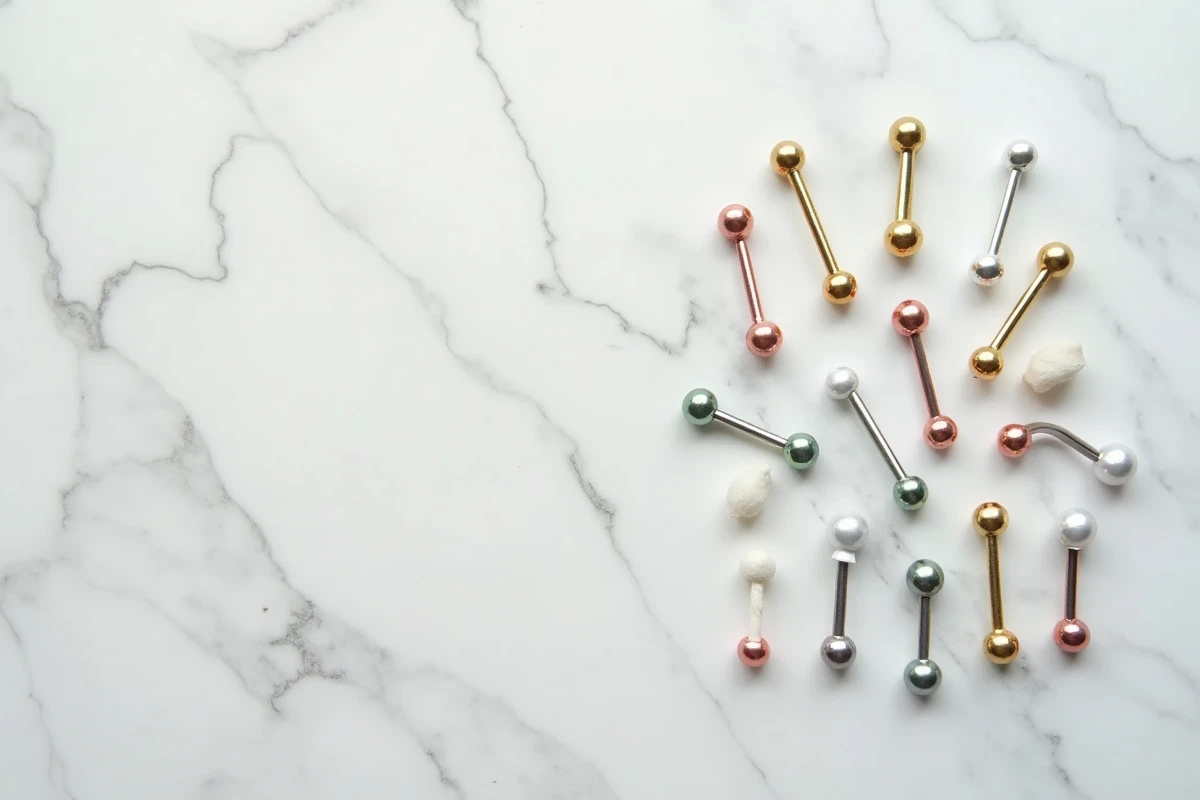 Assortiment de bijoux de piercing nez en différents métaux dont titane et acier chirurgical disposés sur marbre blanc