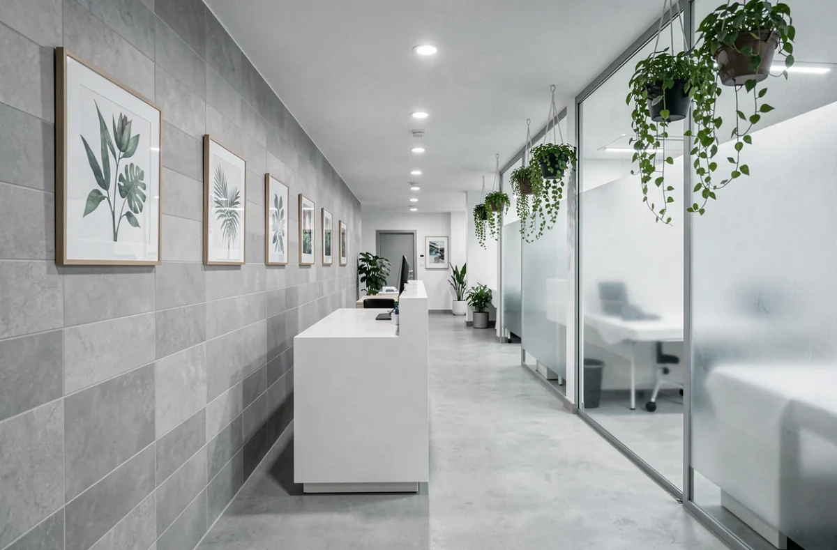 Couloir d'un spa moderne à Bordeaux avec décor minimaliste et plantes vertes suspendues