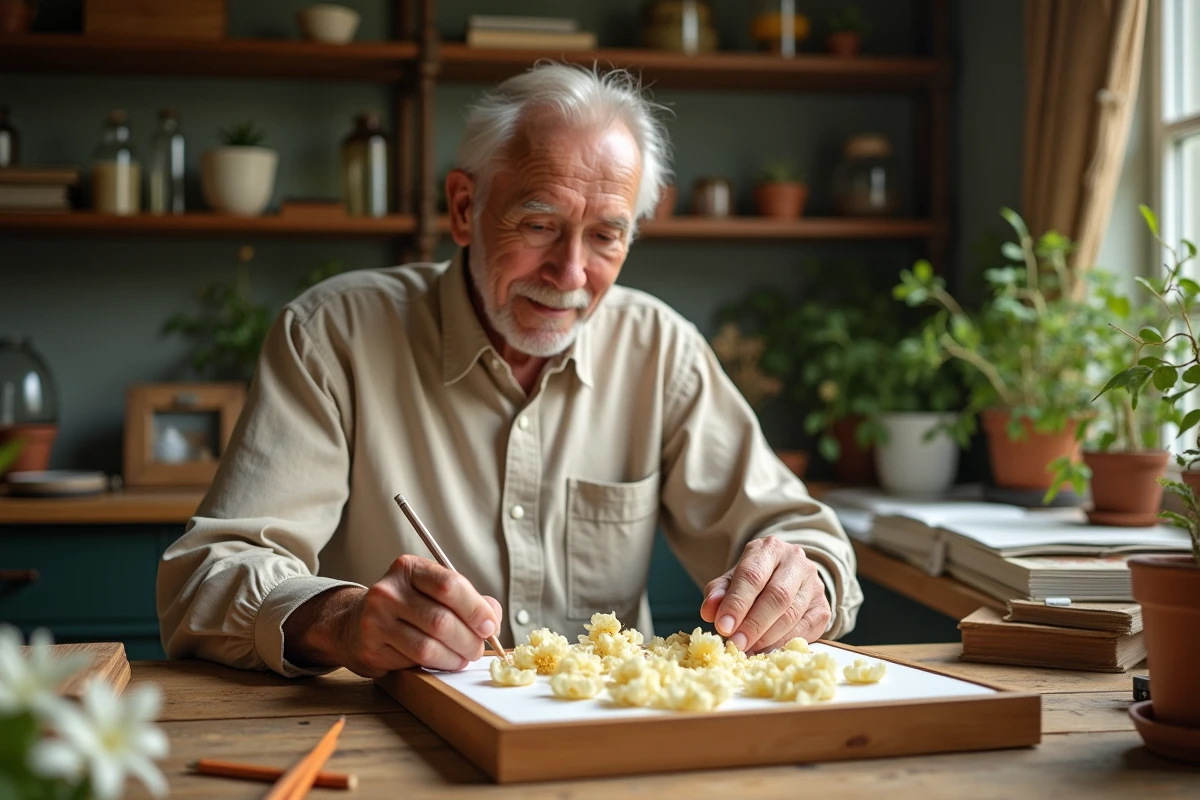 Botaniste âgé compare des fleurs de jasmin dans un laboratoire intérieur