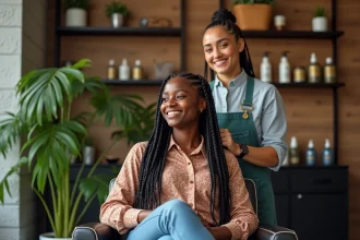 Jeune femme noire avec des tresses dans un salon moderne