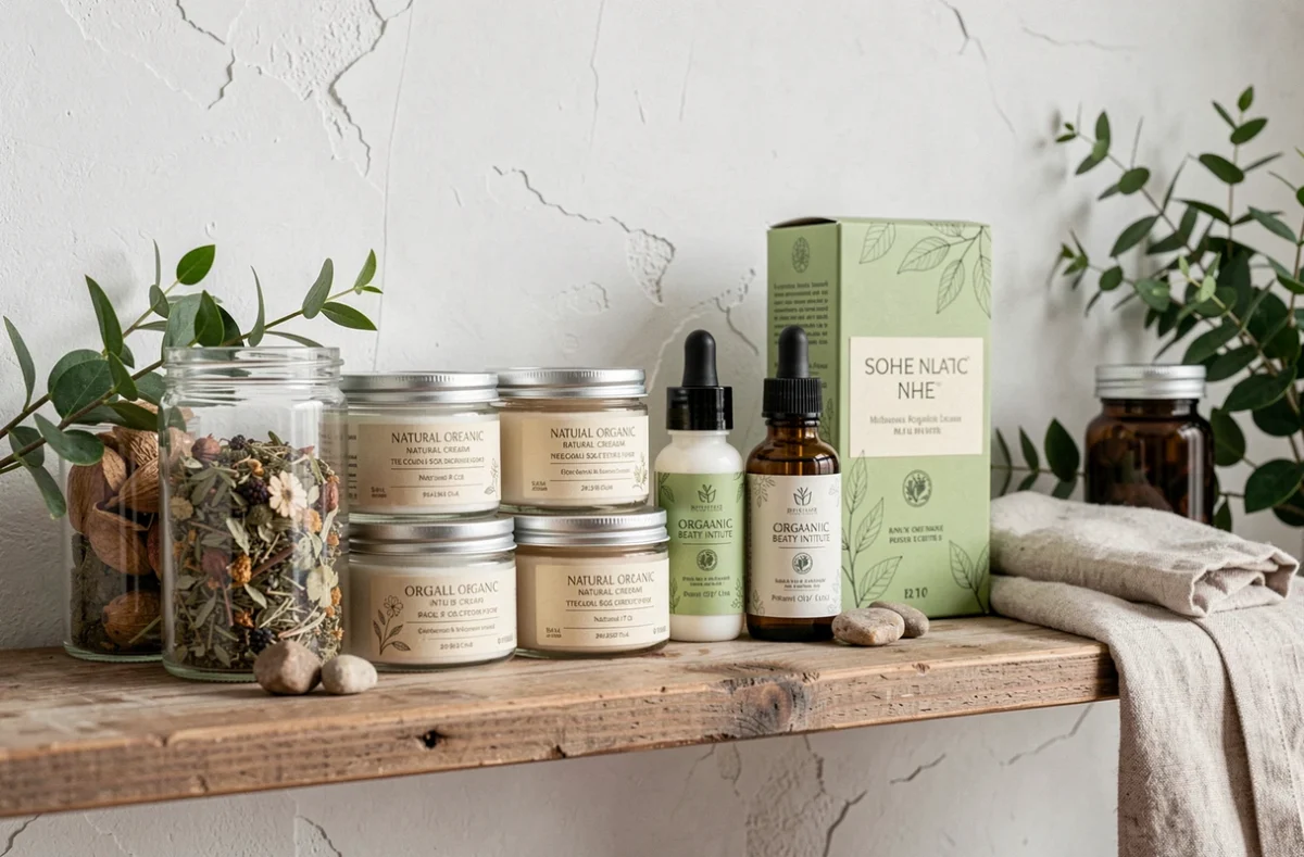 Produits de soins naturels et biologiques soigneusement disposés sur une étagère en bois à l'institut Bulle de Nature à Pau