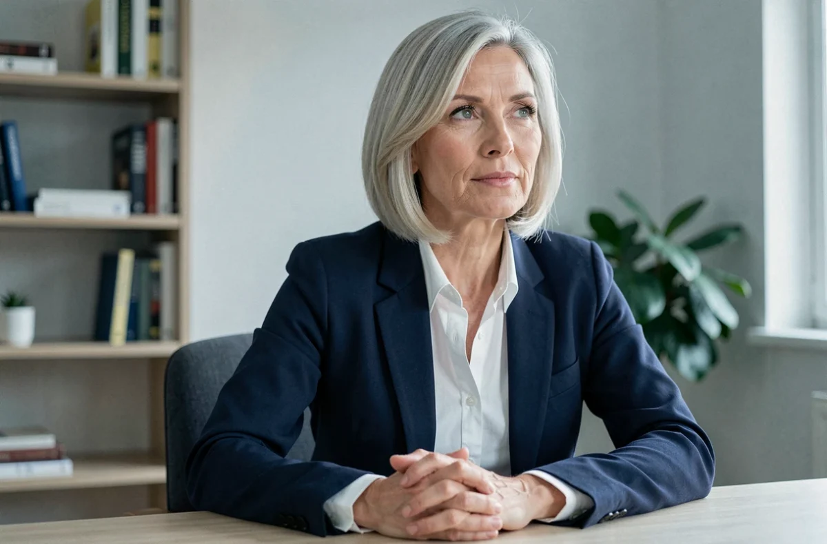 Femme de 52 ans avec un carré dégradé blond cendré angulaire, coiffure effet lift pour les quinquagénaires au bureau à domicile