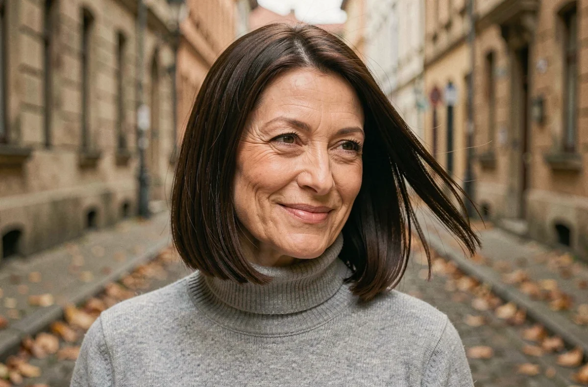 Femme de 48 ans arborant un carré dégradé lissé brun foncé en extérieur, coupe rajeunissante et moderne