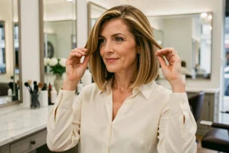 Femme de plus de 40 ans avec un carré dégradé élégant dans un salon de coiffure parisien, effet liftant visible