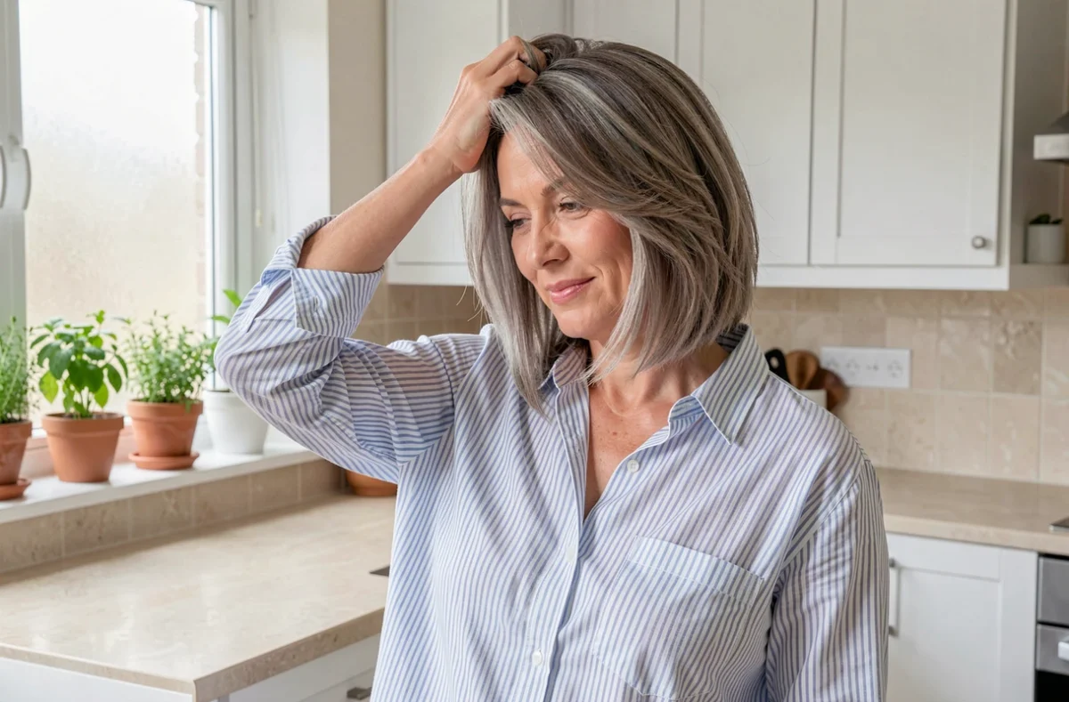 Femme aux cheveux fins châtain cendré arborant un carré dégradé texturé dans une cuisine domestique lumineuse, passant les doigts dans ses cheveux