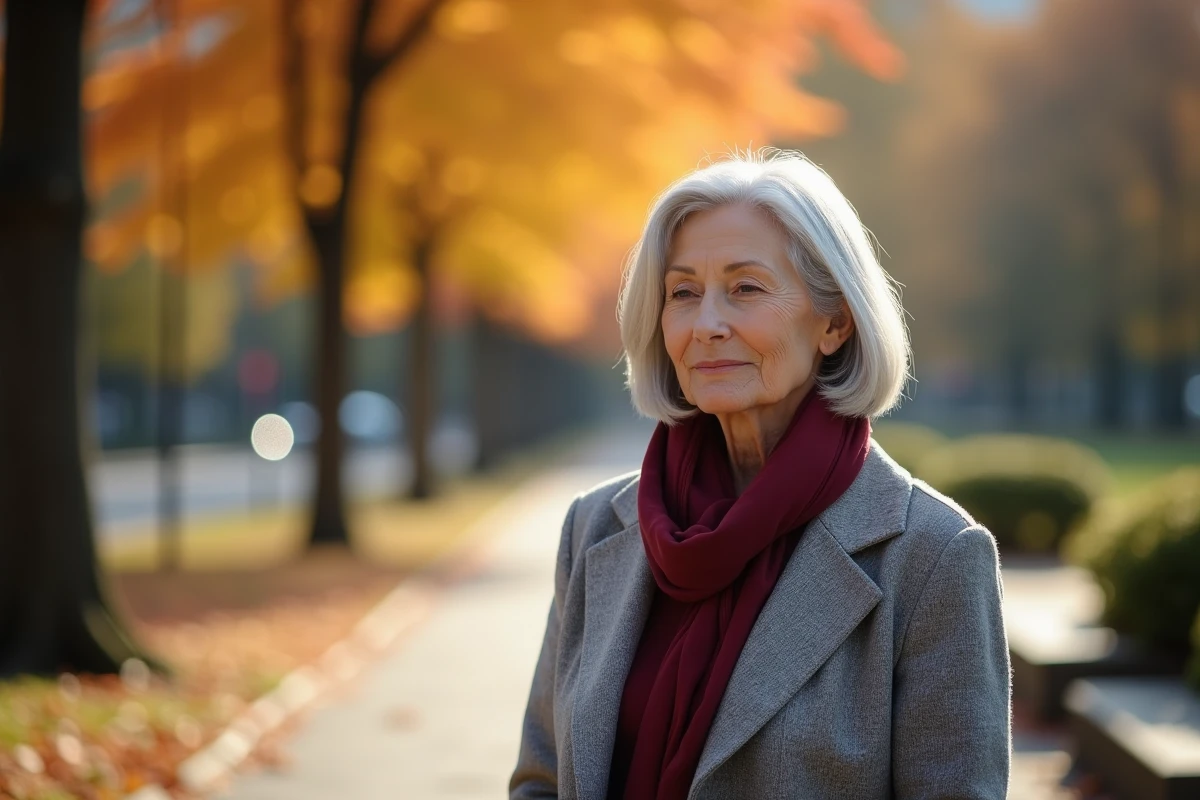 Femme de 70 ans portant un carré plongeant aux épaules argenté dans un parc en automne, look élégant et rajeunissant