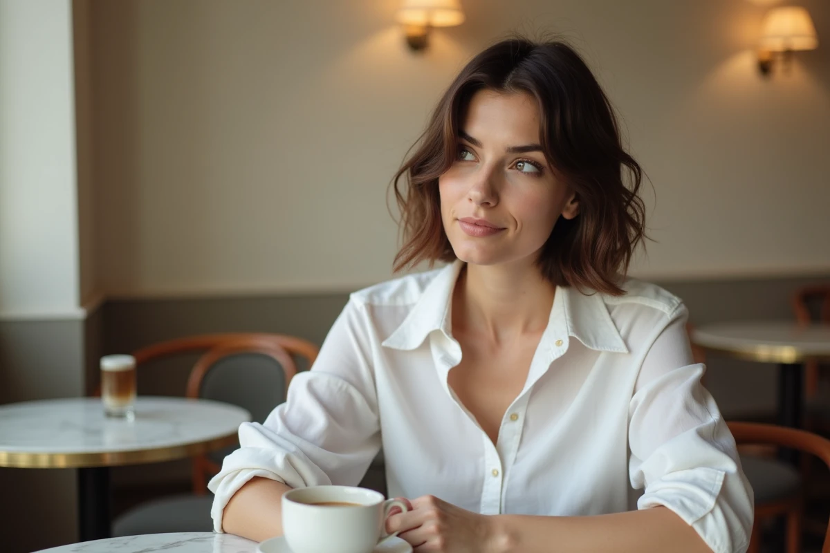 Femme avec carré plongeant court et destructuré attablée dans un café parisien, coupe affinant le visage rond
