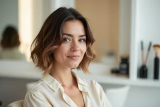 Femme avec visage rond arborant un carré plongeant court destructuré dans un salon de coiffure moderne