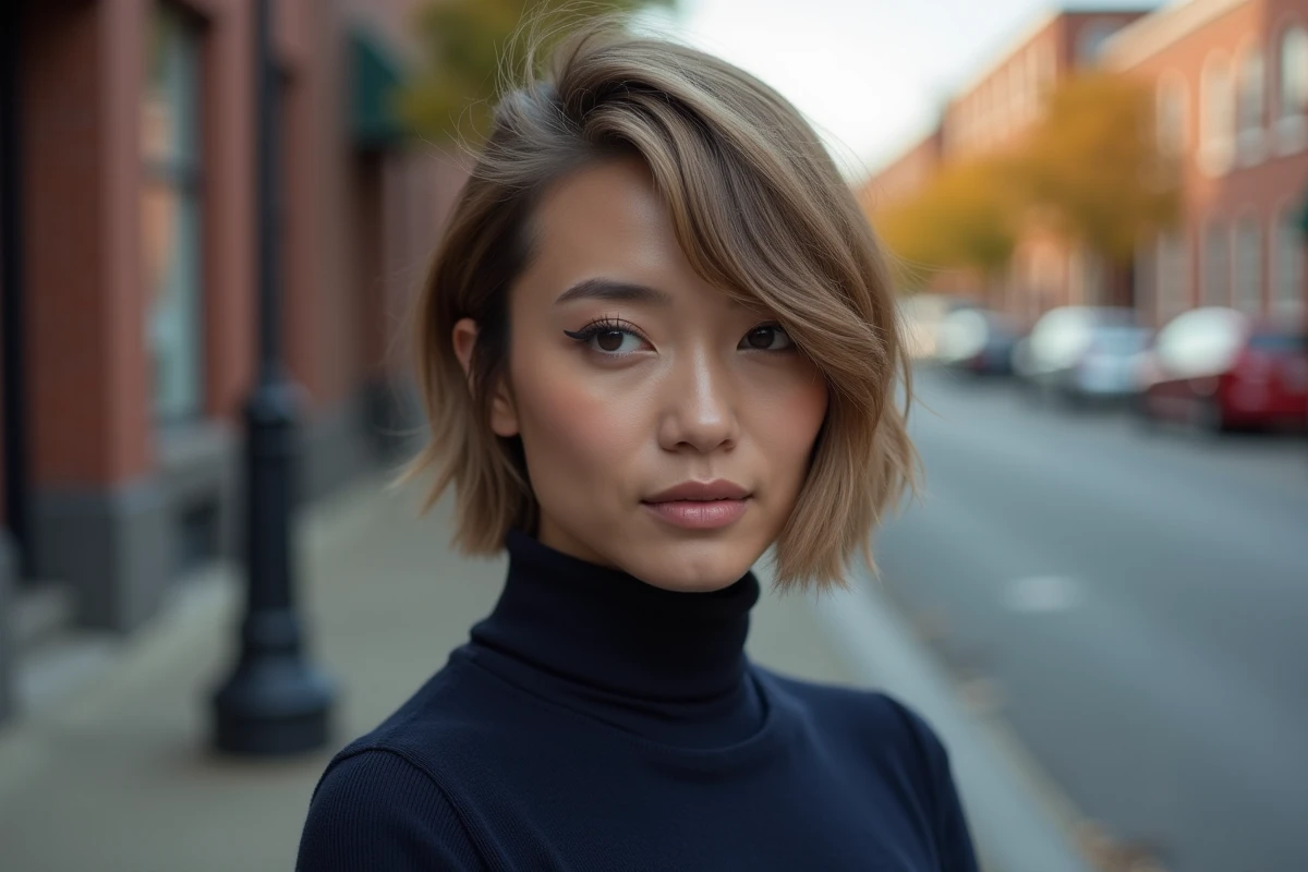 Femme aux cheveux en carré plongeant destructuré court posant en extérieur dans un cadre urbain automnal