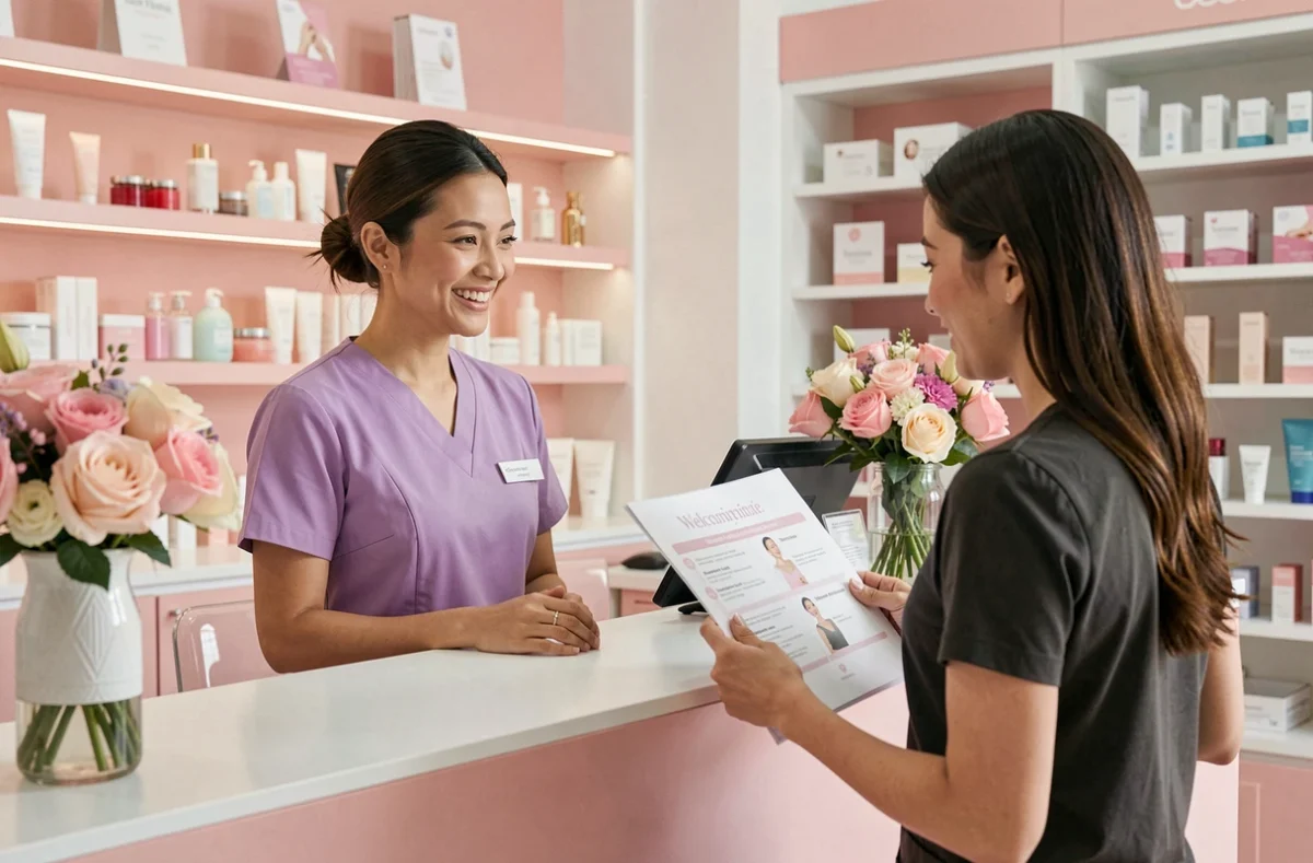Accueil chaleureux à l'institut généraliste Charm'Elle Esthétique à Pau, avec réceptionniste en uniforme lilas et cliente consultant le menu de soins