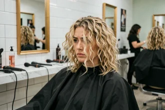 Femme aux cheveux bouclés blonds mi-longs avec un dégradé mal réalisé, assise dans un fauteuil de salon de coiffure, examinant sa coupe dans le miroir