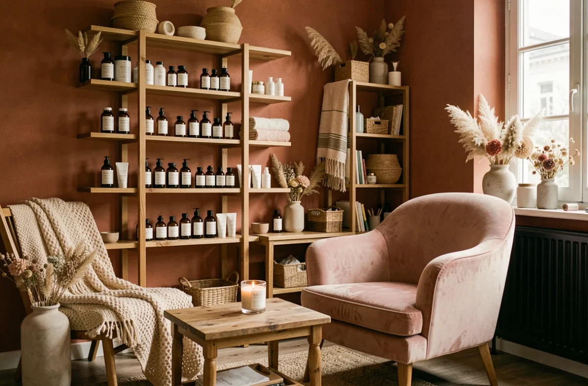 Studio beauté maison chaleureux avec décor en terre cuite et produits de soin artisanaux