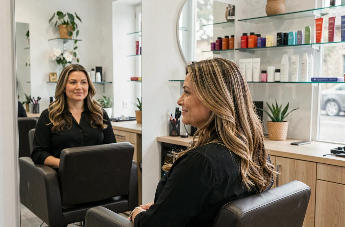 Femme admirant sa nouvelle coiffure dans le miroir d'un salon moderne en Loire-Atlantique
