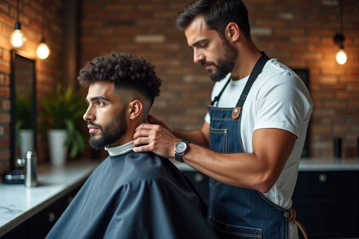 Coiffeur professionnel en train de réaliser une coupe taper sur un homme aux cheveux naturellement bouclés dans un salon moderne