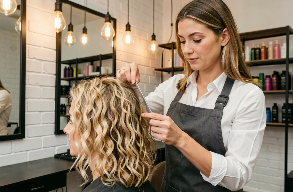 Coiffeuse professionnelle analysant les erreurs d'un dégradé sur cheveux bouclés blonds mi-longs d'une cliente dans un salon moderne