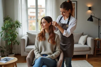 Femme en séance de coiffure dans un appartement lyonnais