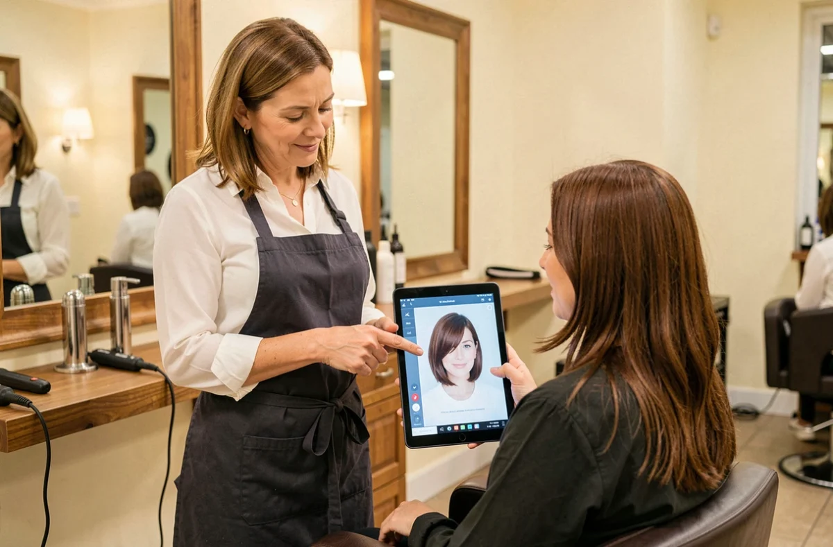 Coiffeuse professionnelle et cliente consultant un simulateur de coupe de cheveux courte sur tablette en salon