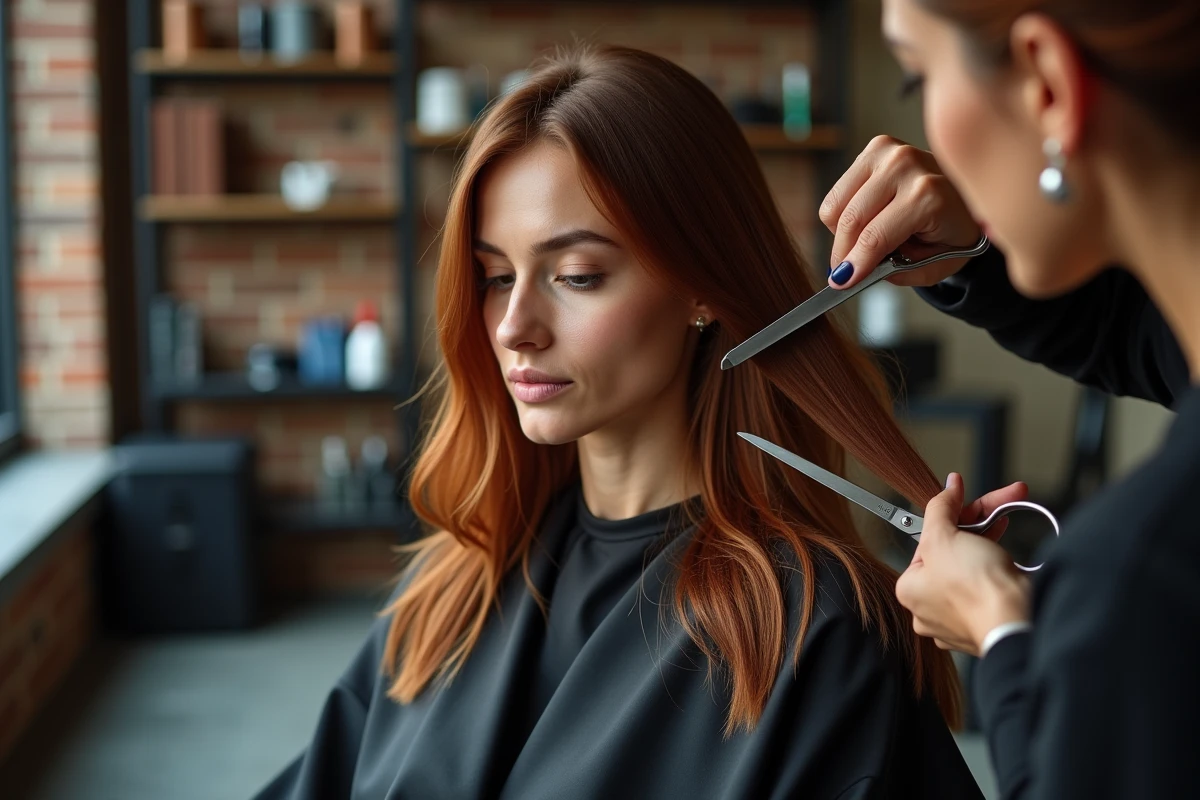 Coiffeuse professionnelle en train de réaliser un dégradé sur cheveux épais mi-longs d'une cliente en salon