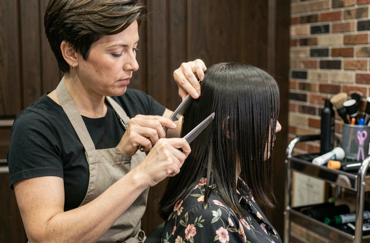 Coiffeuse professionnelle réalisant un dégradé longueur précis sur une cliente avec un visage carré dans un salon haut de gamme