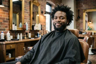 Homme afro assis dans un fauteuil de barbier dans un salon moderne, barbe et afro soignés, atmosphère urbaine authentique