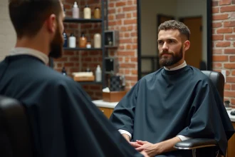 Homme aux cheveux fins coiffé d'une coupe courte texturée dans un salon de coiffure moderne avec miroir et décor en brique