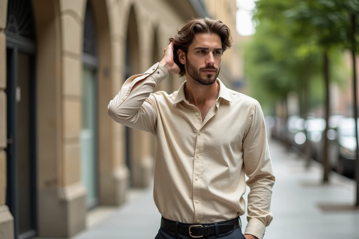 Homme jeune aux cheveux fins mi-longs ondulés en tenue décontractée dans une rue européenne ensoleillée