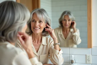 Femme de 70 ans avec une coiffure aux épaules élégante et des reflets argentés, assise devant un miroir de salle de bain moderne