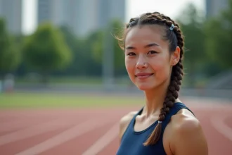 Femme sportive avec une tresse collée sur cheveux courts, sans frisottis, sur une piste d'athlétisme en plein air