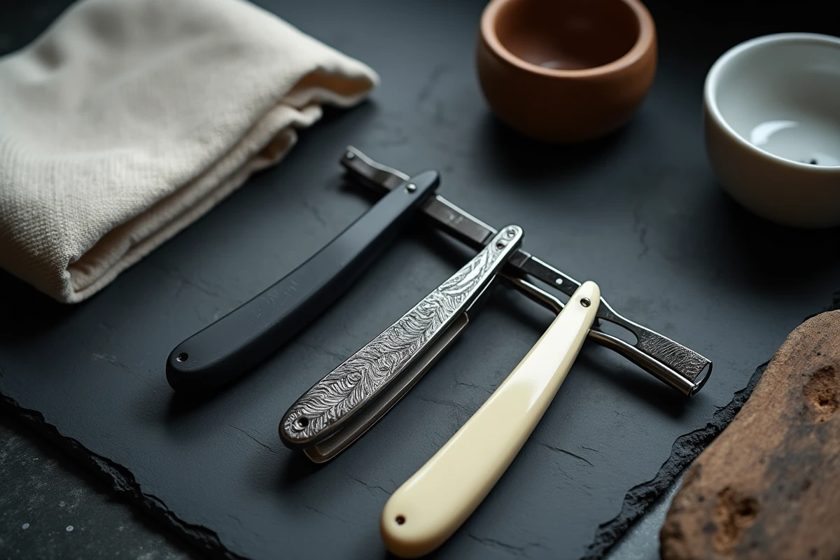 Collection de rasoirs droits aux designs variés présentés en flat lay sur une surface ardoise dans un salon de coiffure haut de gamme