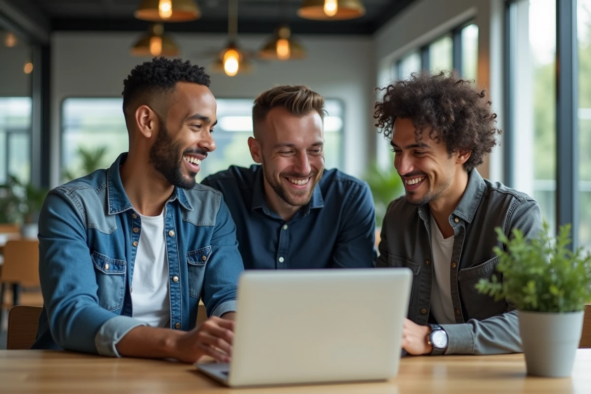 Groupe de collègues consultant ensemble un site de vente au personnel L'Oréal sur ordinateur portable en salle de pause