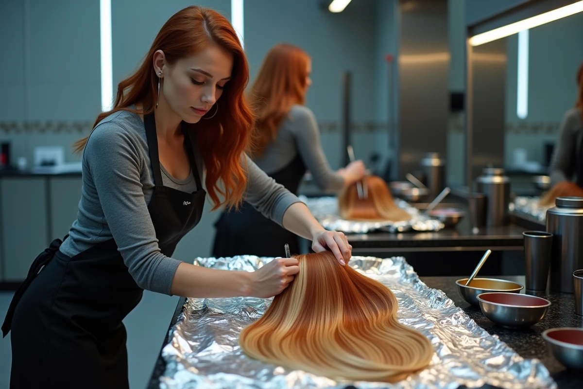 Coloriste appliquant une technique de balayage roux avec mèches blondes sur une cliente en salon