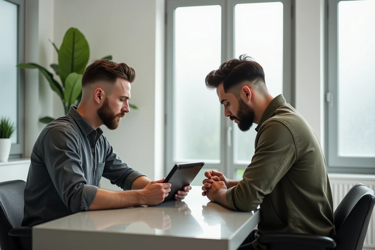 Deux hommes aux cheveux fins comparant des coupes de cheveux courtes et mi-longues dans un studio de coiffure minimaliste moderne