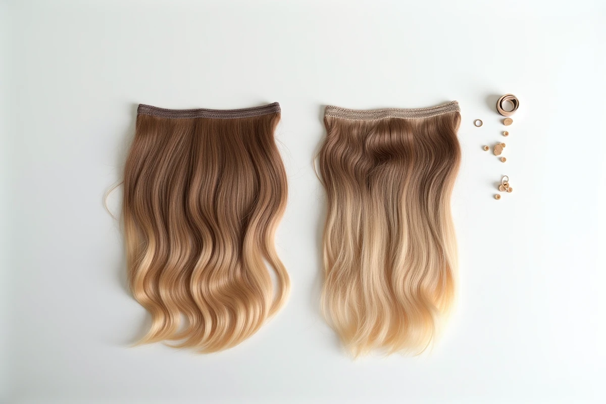 Comparaison côte à côte d'une extension de cheveux et de cheveux naturels après retrait, vue macro sur fond blanc
